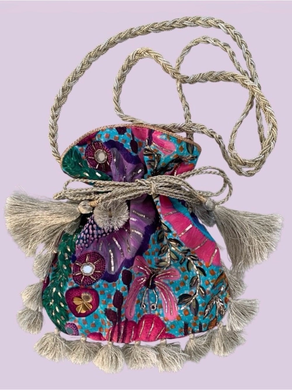 Payal Singhal Colorful Floral Butterfly Print Dupion Silk Sling Potli Pouch Bag